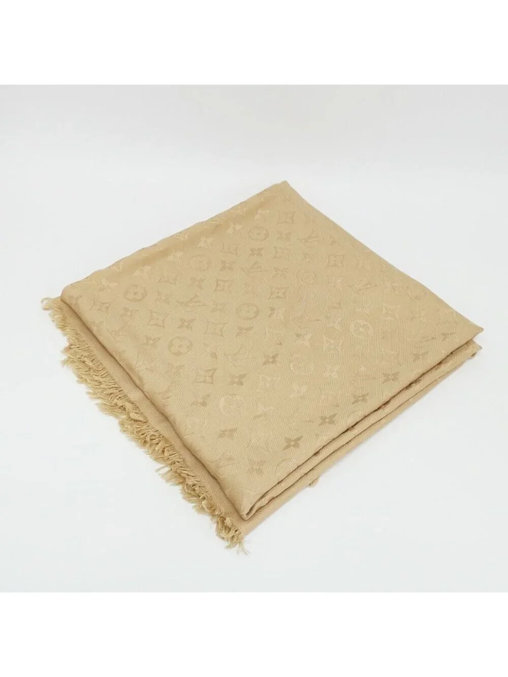Louis Vuitton Heaven Shawl Large Monogram Fringe Silk Wool Beige Scarf